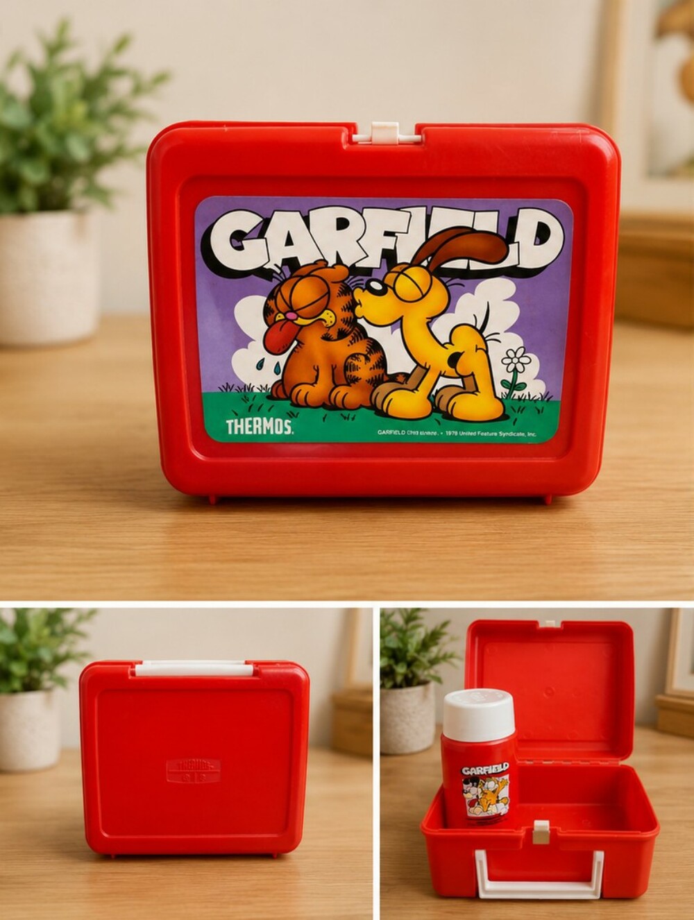 Vintage Garfield Thermos Lunch Box & Matching Thermos Red Plastic 1978/1979